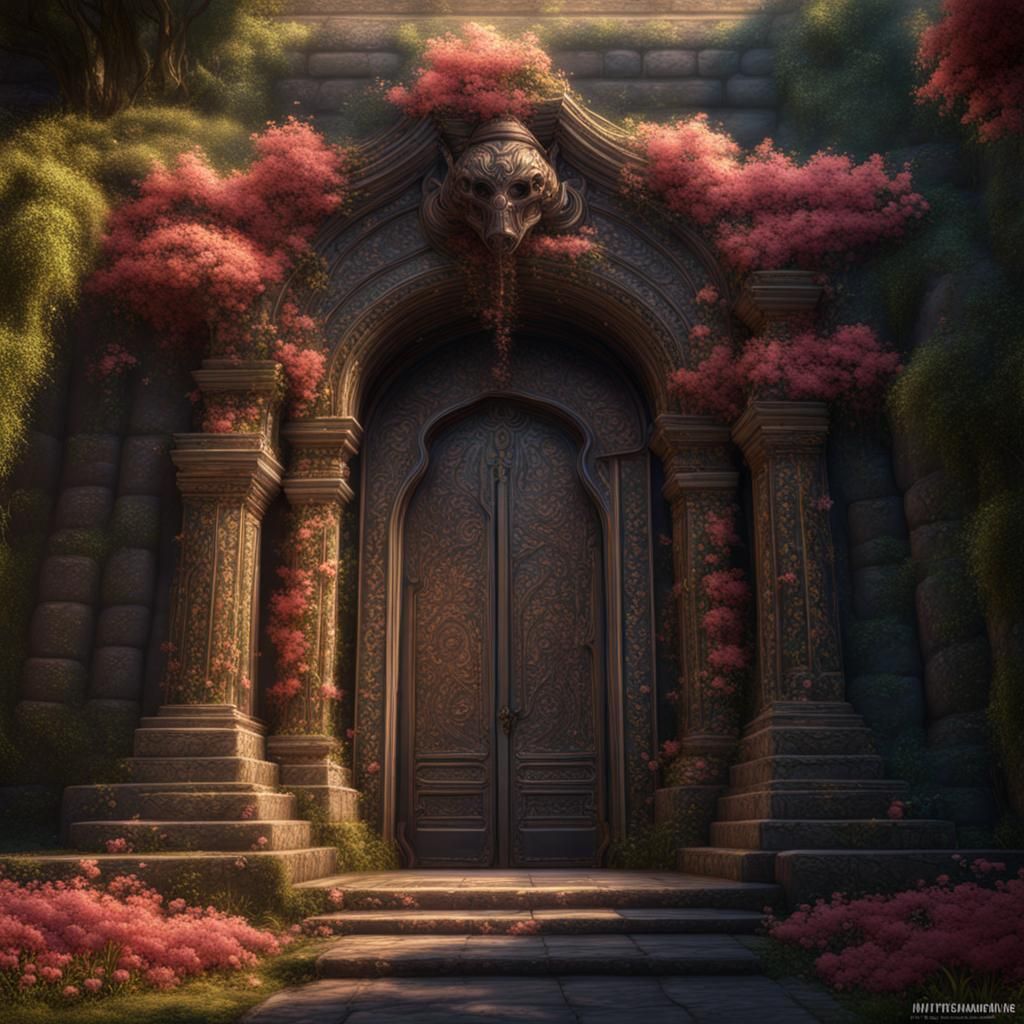 Temple Doorway Dripping with Flowers in Matte Painting Style