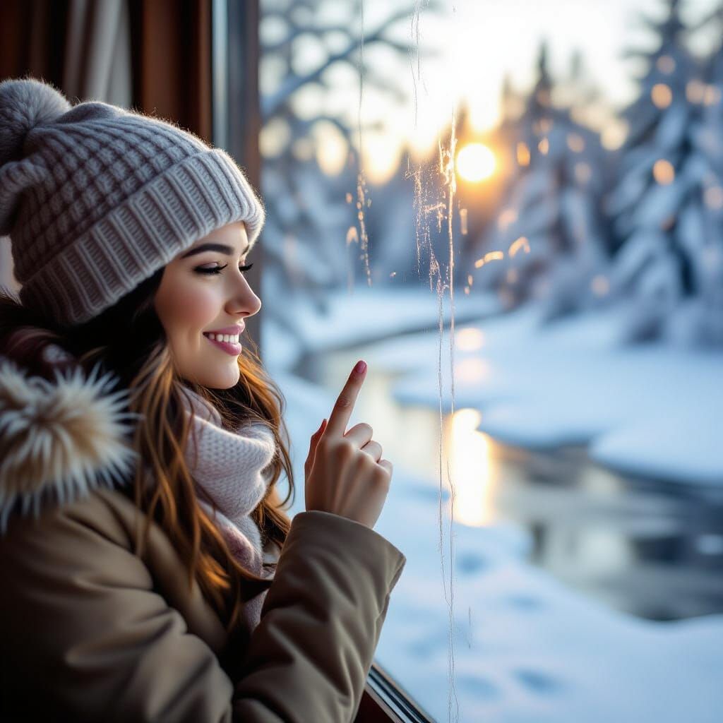 Woman Gazes at Winter Landscape Through Frosted Window