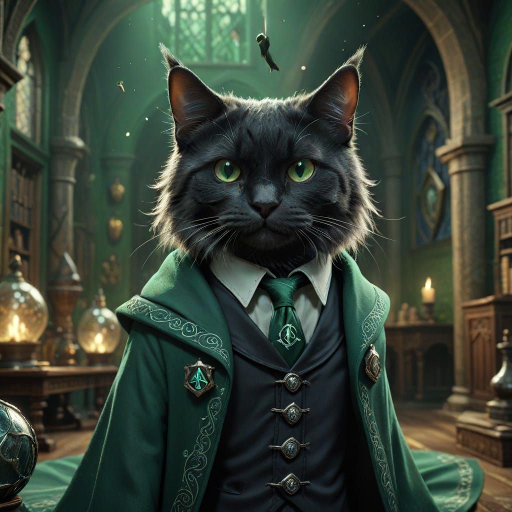 Slytherin Wizard in Elegant Tuxedo, Surrounded by Enchanted...