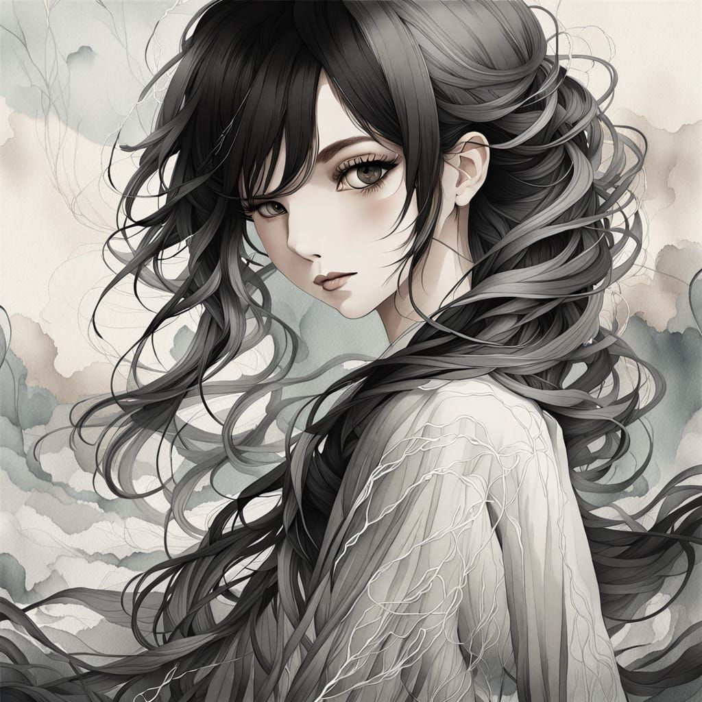 Ethereal Beauty: Mysterious Anime Woman with Flowing Hair