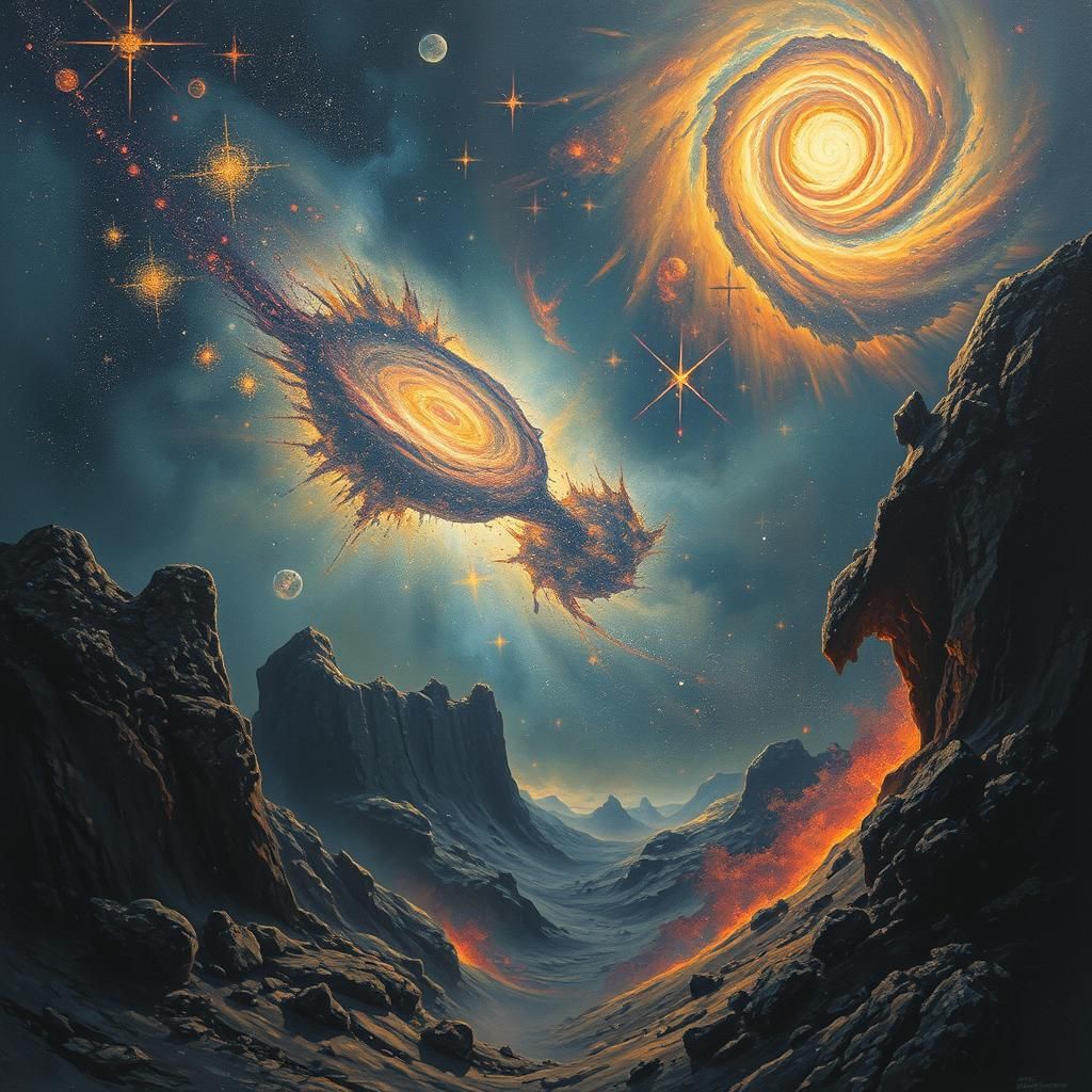 Cosmic Expanse Distorted by Time in Maximalist Style