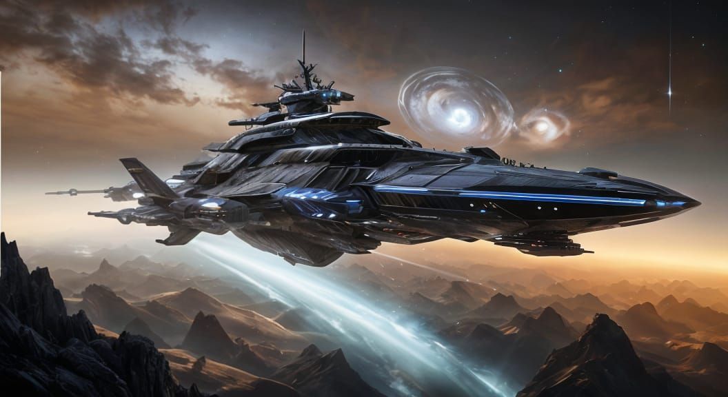 Futuristic Spaceship in Deep Space with Planets