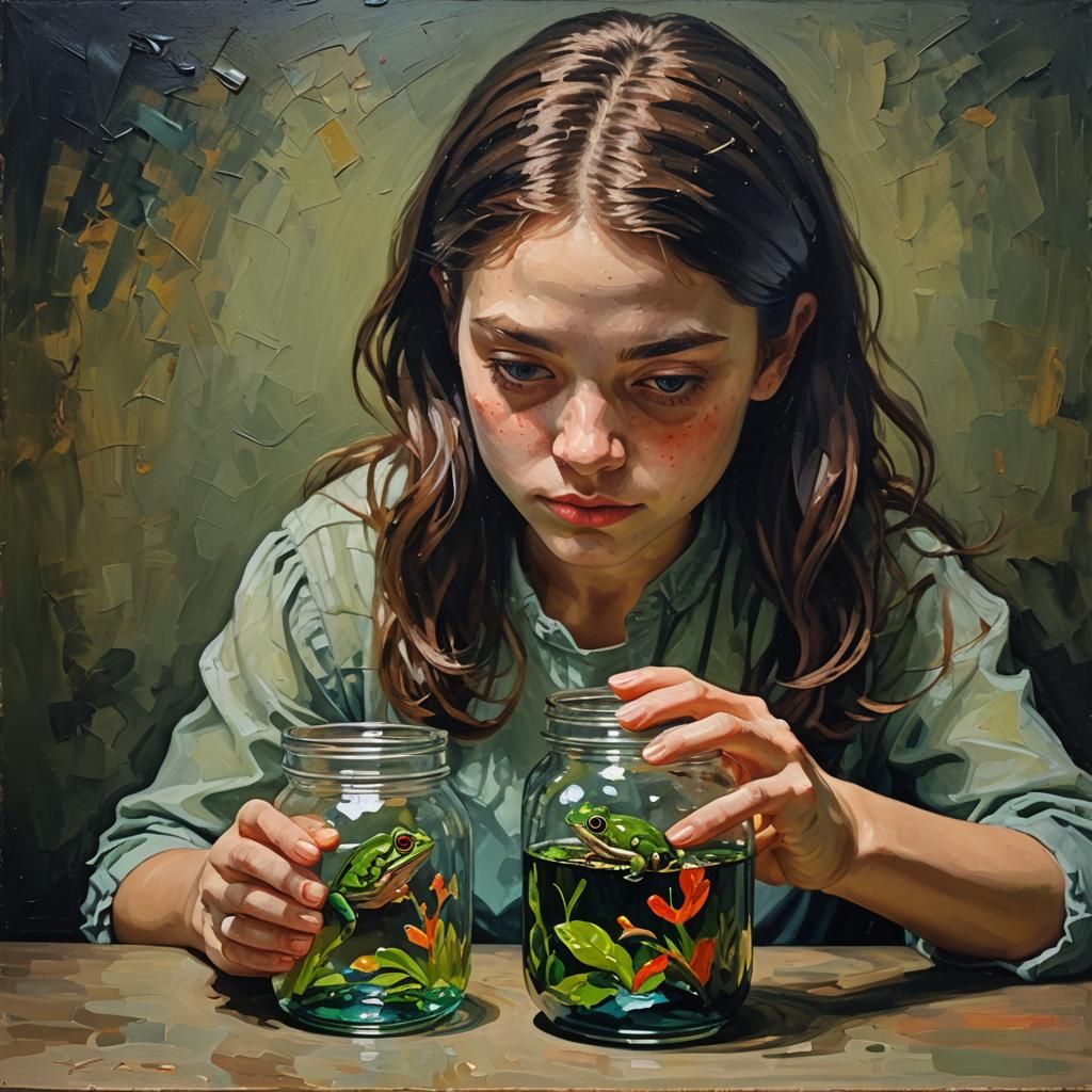 Girl and Frog in Jar as Impasto Painting