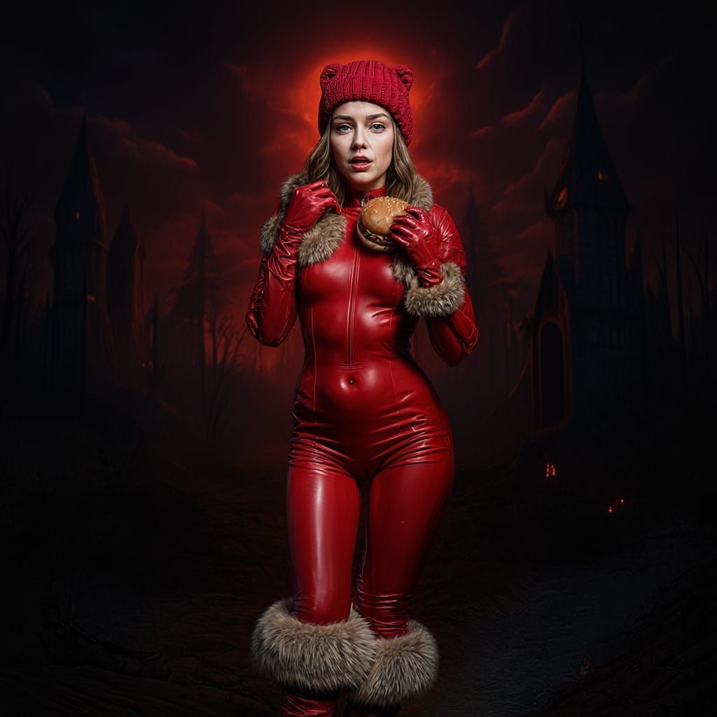 Woman in Red Latex Eating Hamburger in Snowy Forest