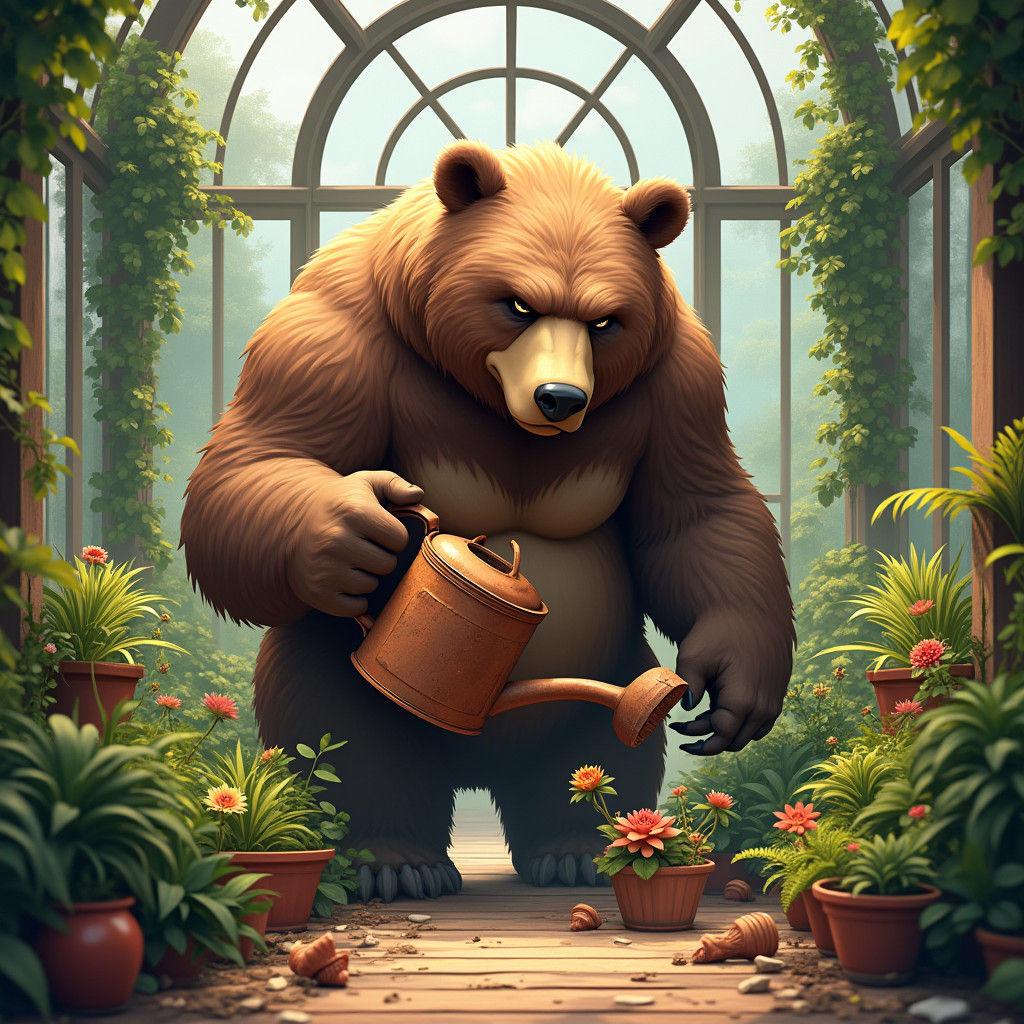 Grumpy Grizzly Bear in Greenhouse Concept Art
