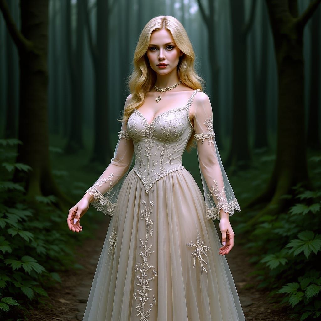 Ethereal Blonde Woman in Delicate Gown