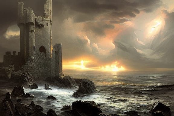 Threatening Castle Ruins on Clifftop in Digital Painting