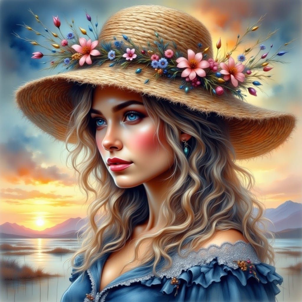 Amish Woman in Heath at Sunset: Watercolor Painting