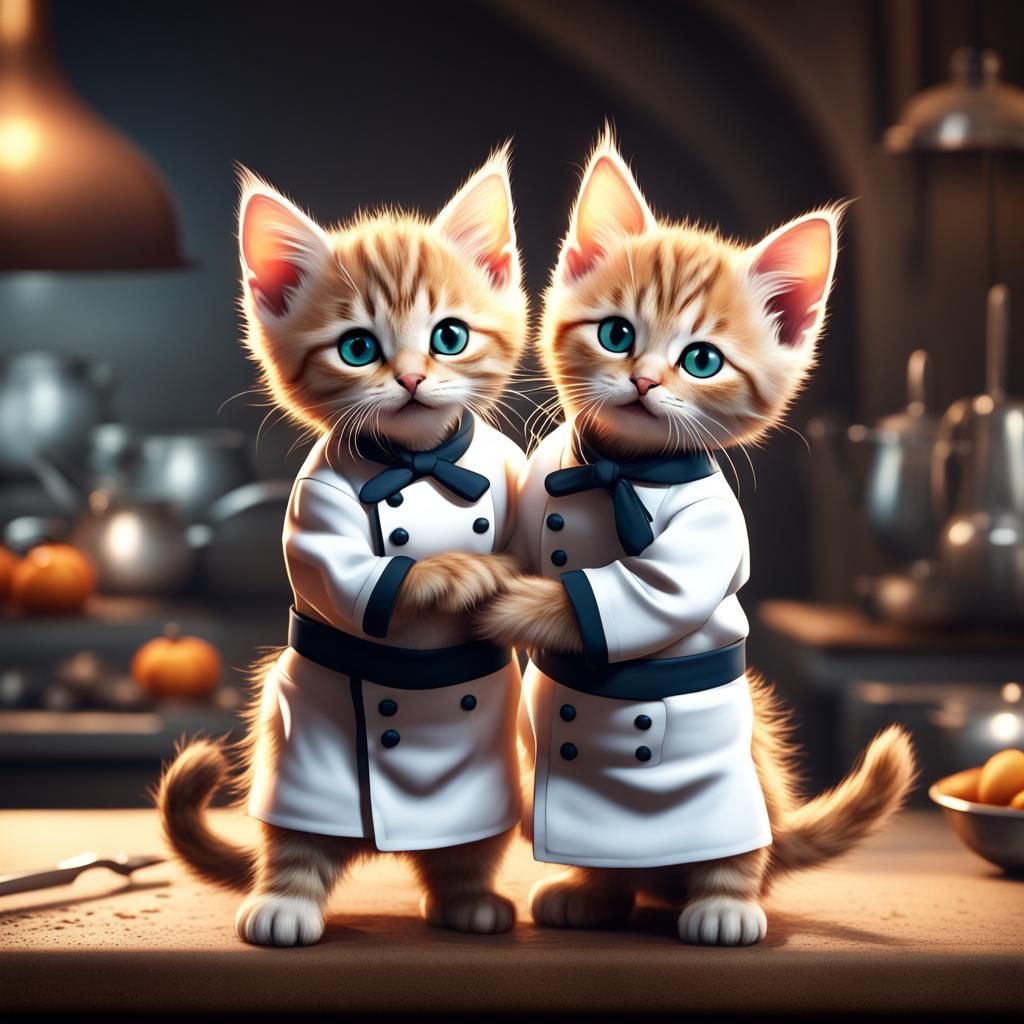 Chef Kittens Holding Hands in Detailed Painting