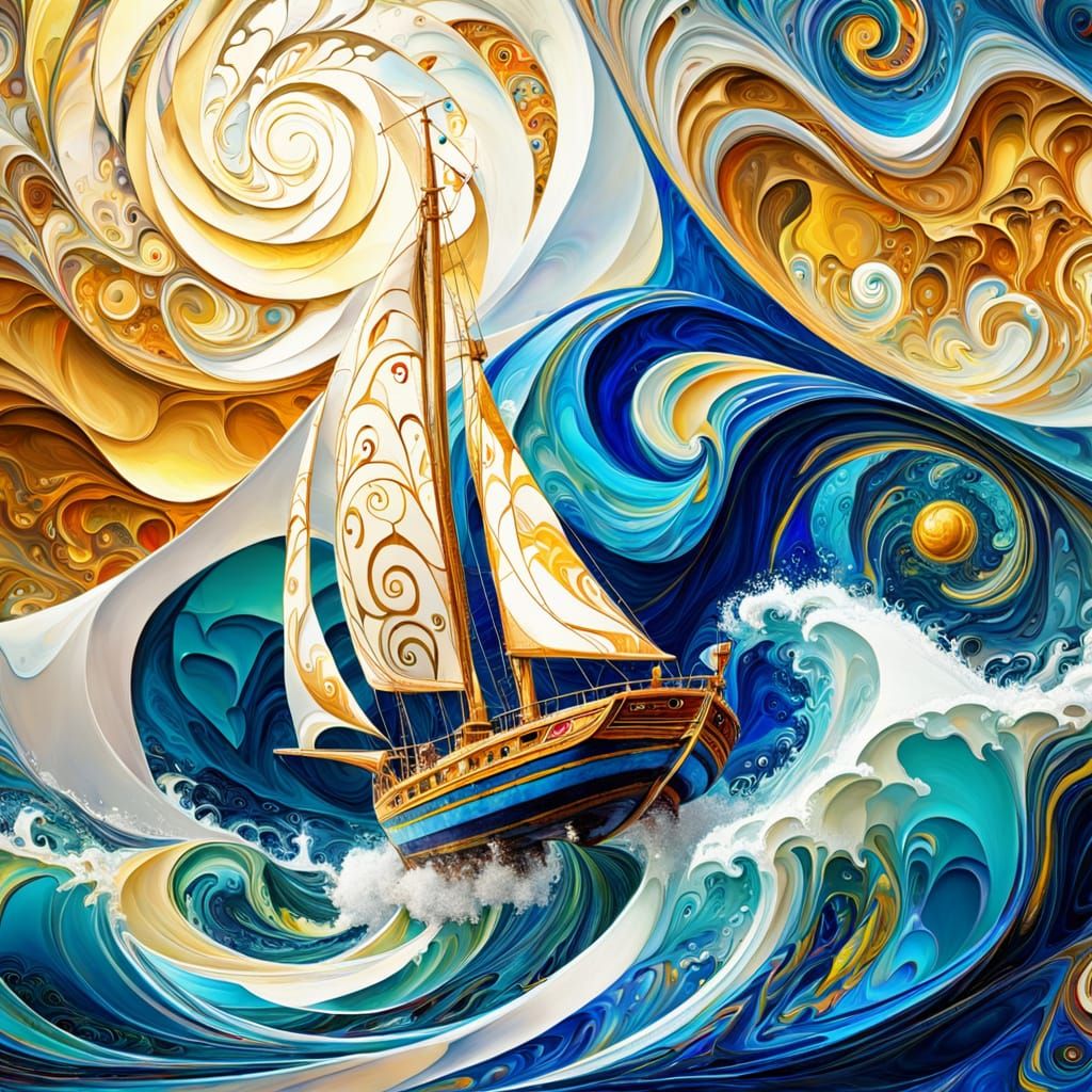 Sailboat on Liquid Marble Ocean in Golden Light