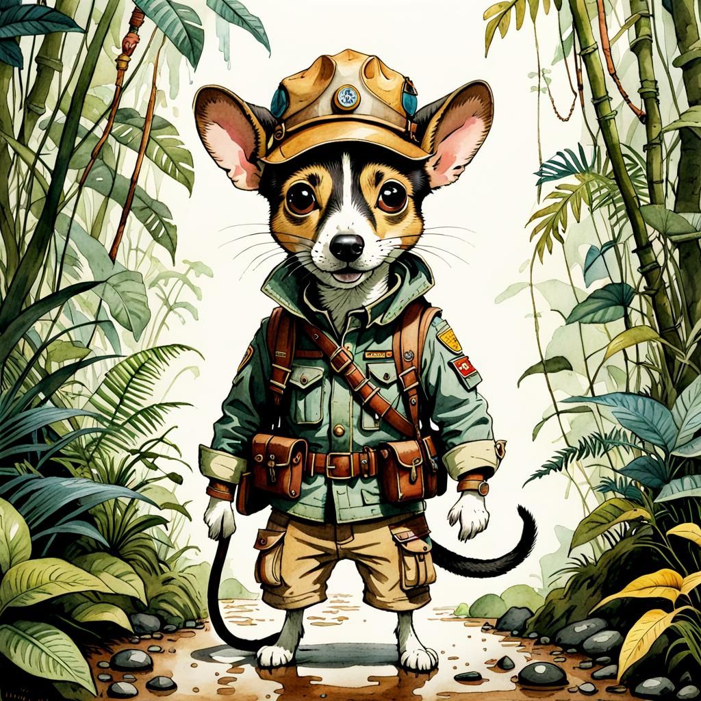 Rat Terrier Jungle Explorer in Storybook Illustration Style