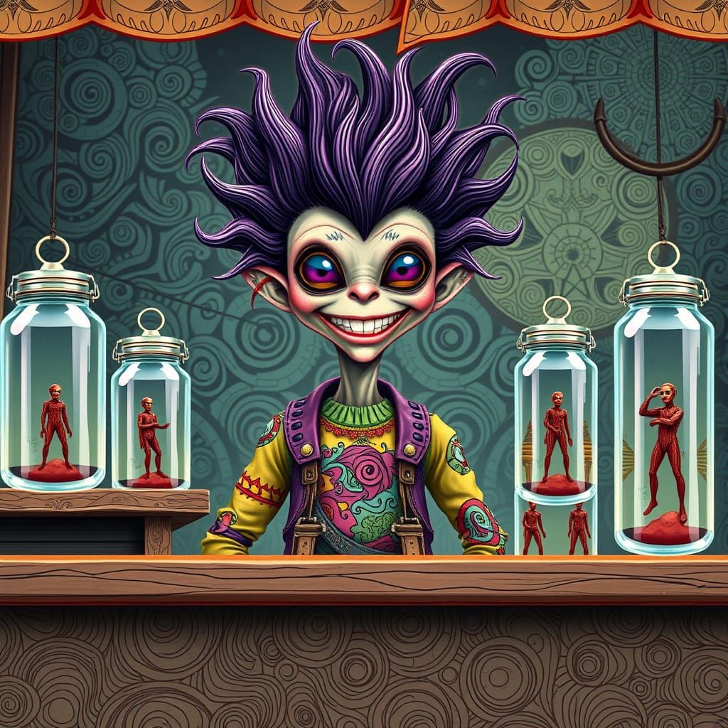 Alien Vendor Selling Humans in Jars