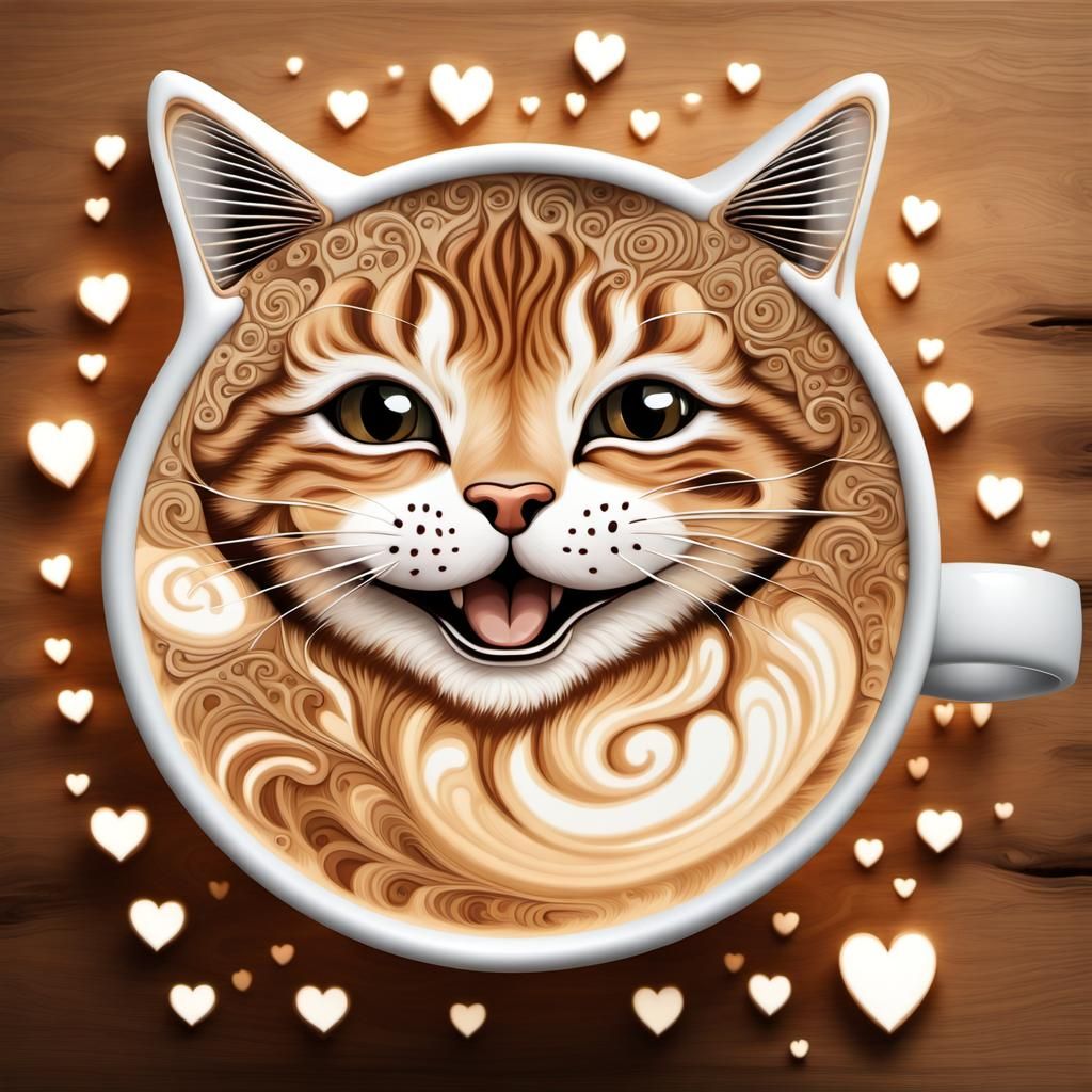 Happy Tabby Cat Latte Art with Magic Particles