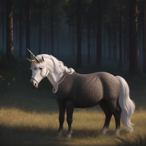 a Unicorn eating grass in a field.