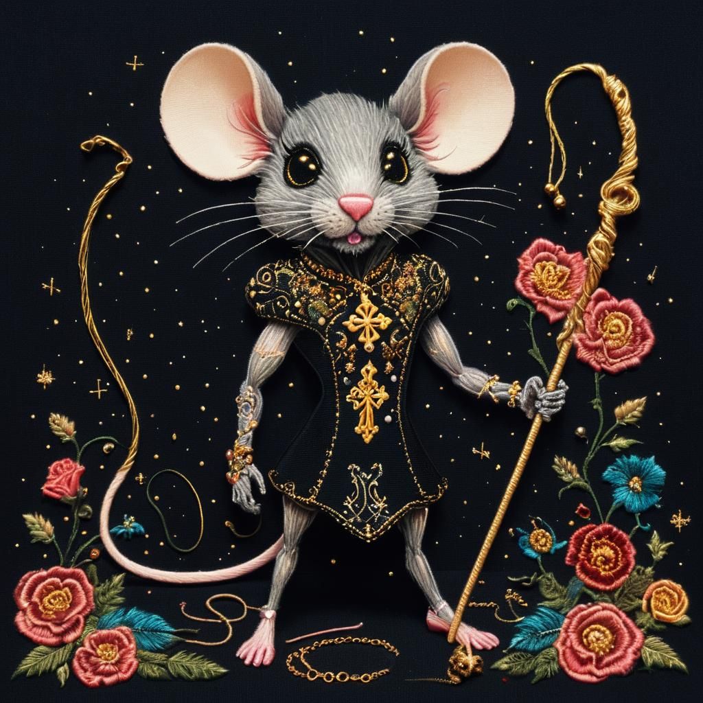 Gothic Dark Fantasy Mouse with Floral Tattoos