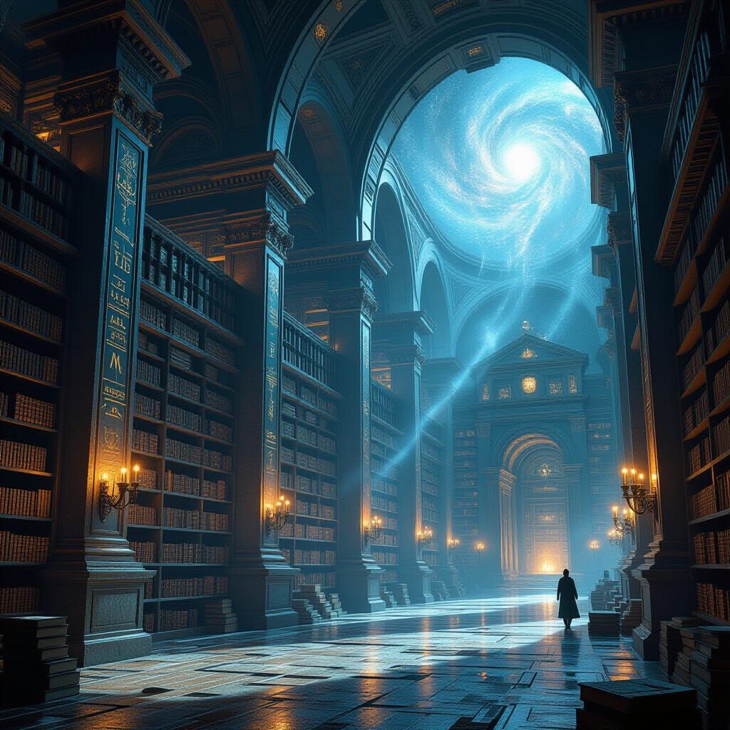 Floating Ancient Library in Cosmic Nebula