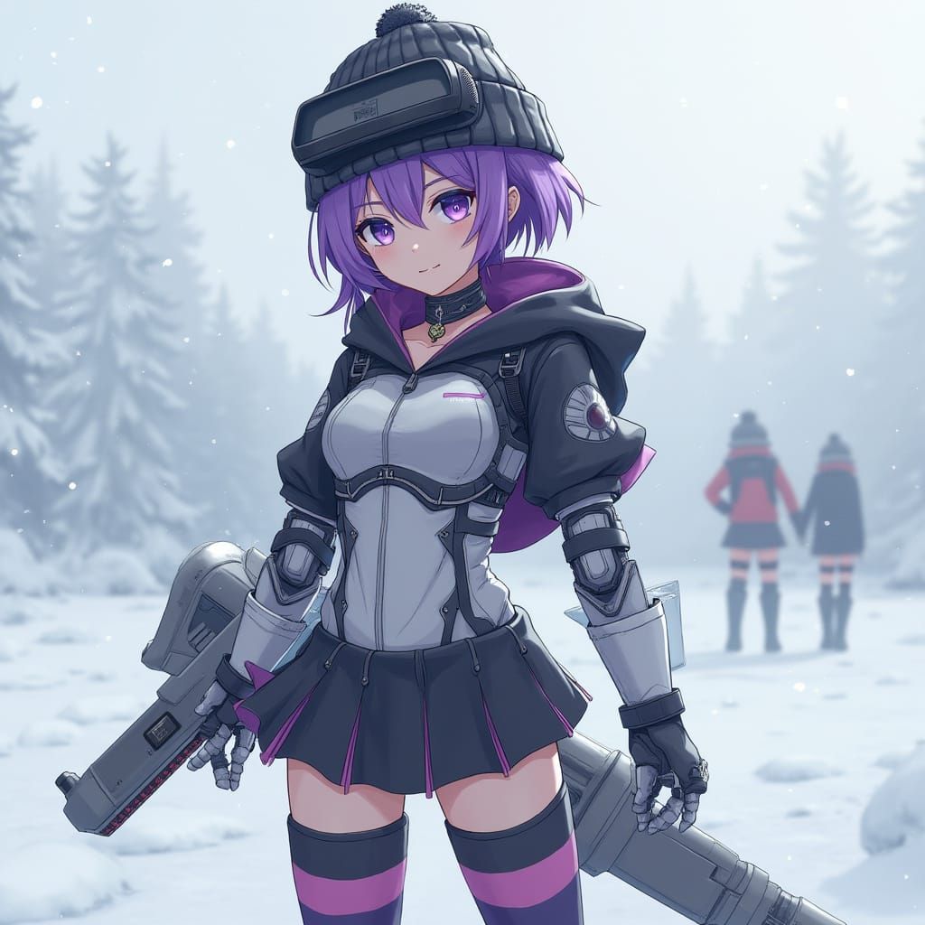 Female Robot with Railgun in Snowy Landscape
