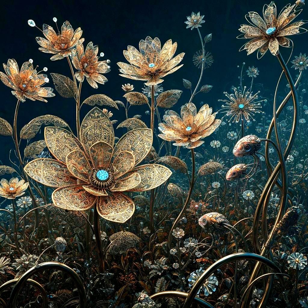 Surreal Mechanical Garden with Filigree Flowers