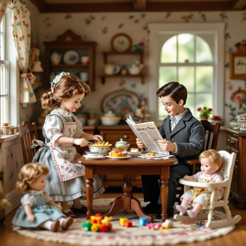 Miniature Dollhouse Family Dinner, Storybook Illustration