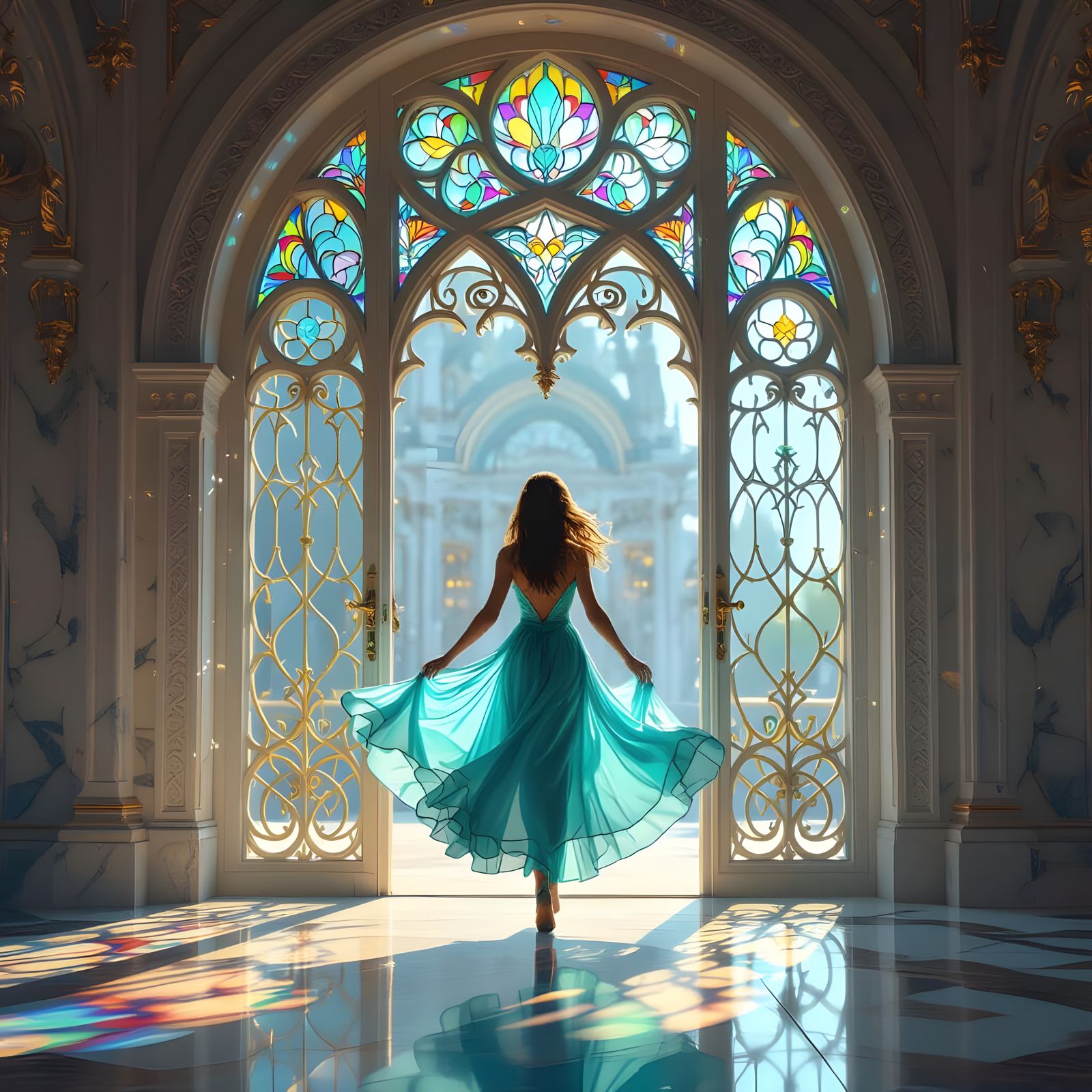 Ornate Window with Stained Glass and Girl in Flight