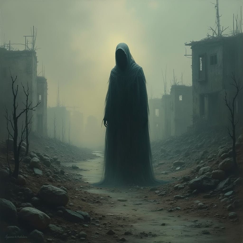 Haunting Figure in a Desolate War-Torn Landscape
