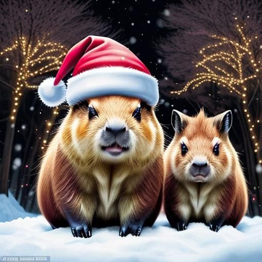 Christmas Capybaras in Winter Wonderland, Botero Style