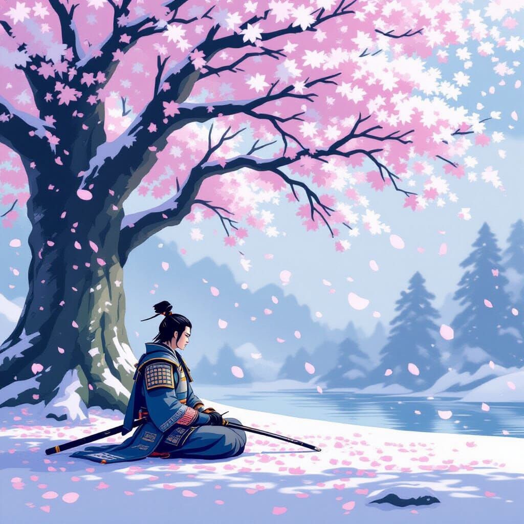 Samurai Meditating Under Cherry Blossoms in Snow