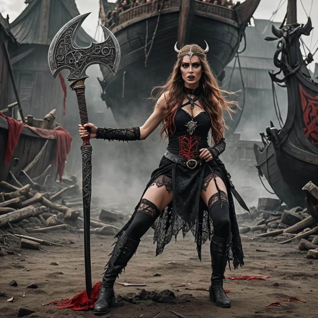 Viking Queen Slaying Dragon with Axe