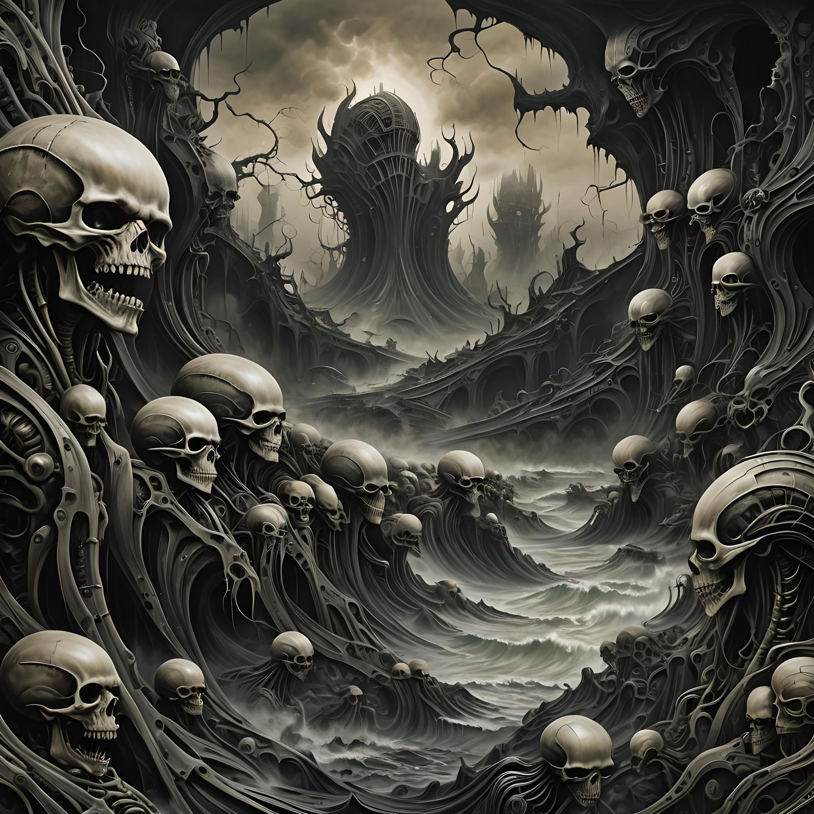 Biomechanical Nightmare Landscape with Distorted Faces