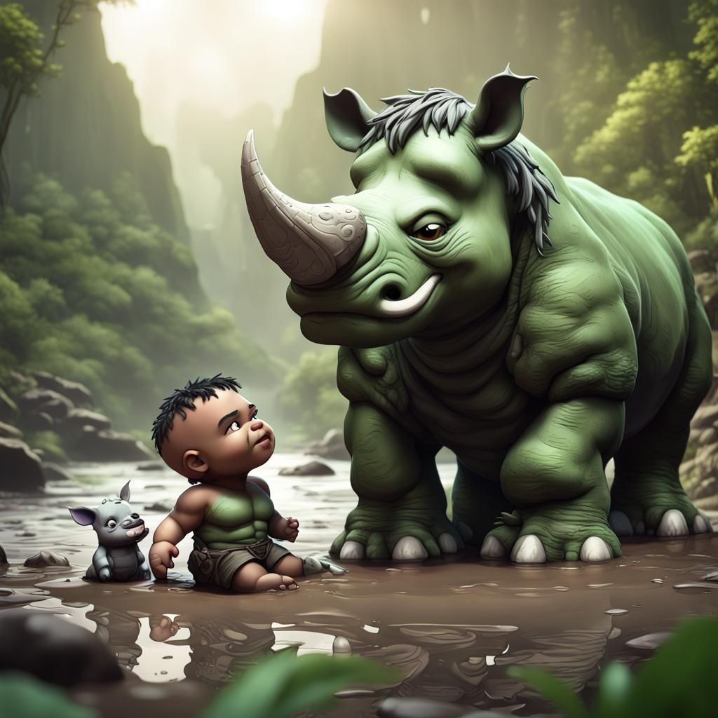 Chibi Hulk and Rhino in Jungle, 3D Render