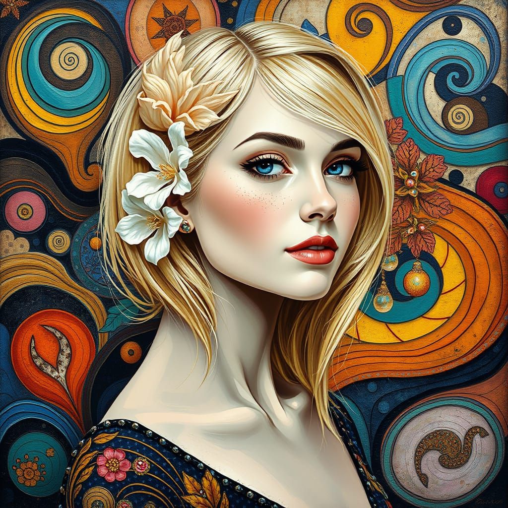 Surreal Blonde Portrait with Vibrant Floral Accents