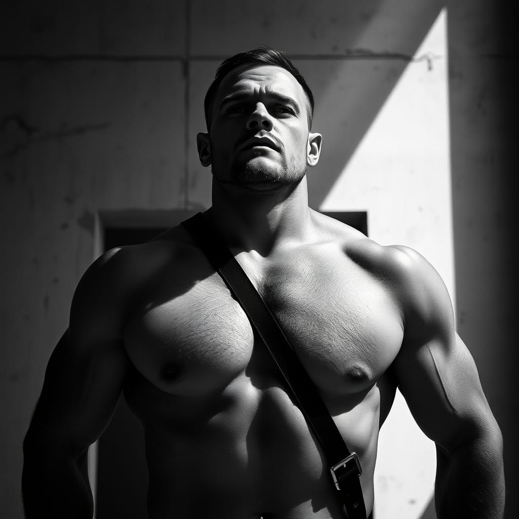 Monochrome Portrait of Muscular Man in Brutalist Interior