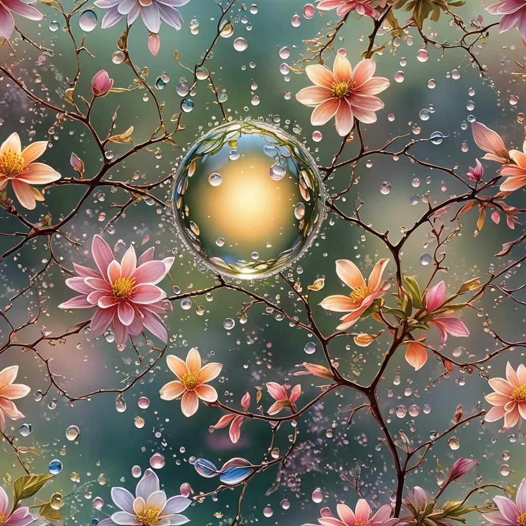 Glistening Dewdrop Reflects a Hyperdetailed Landscape