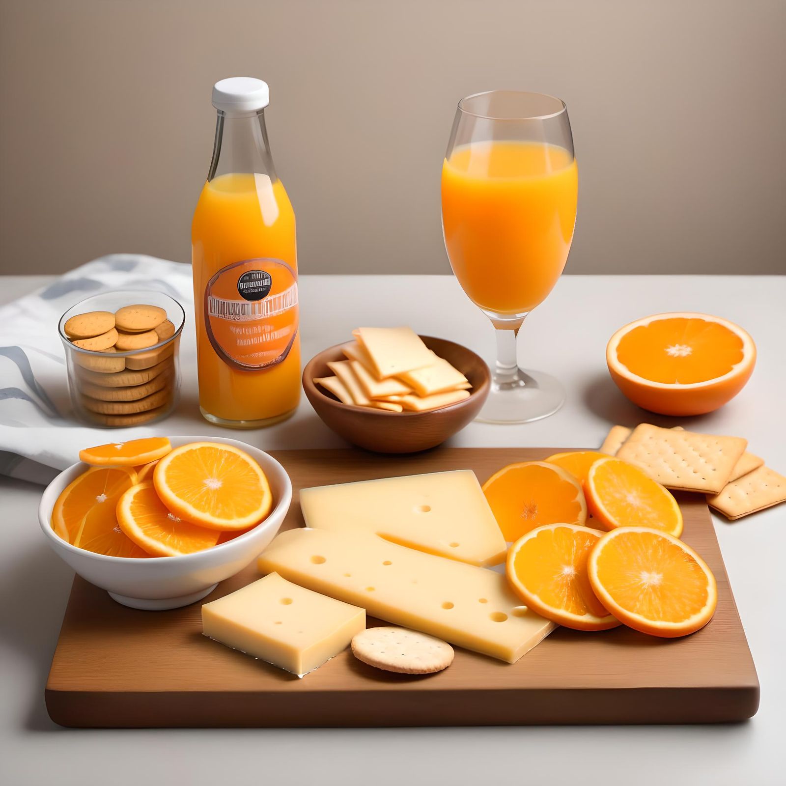Cheese and Crackers with Orange Juice Still Life