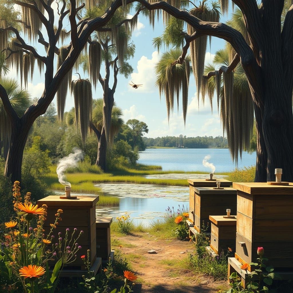 Serene Honey Bee Apiary in Idyllic Cypress Forest