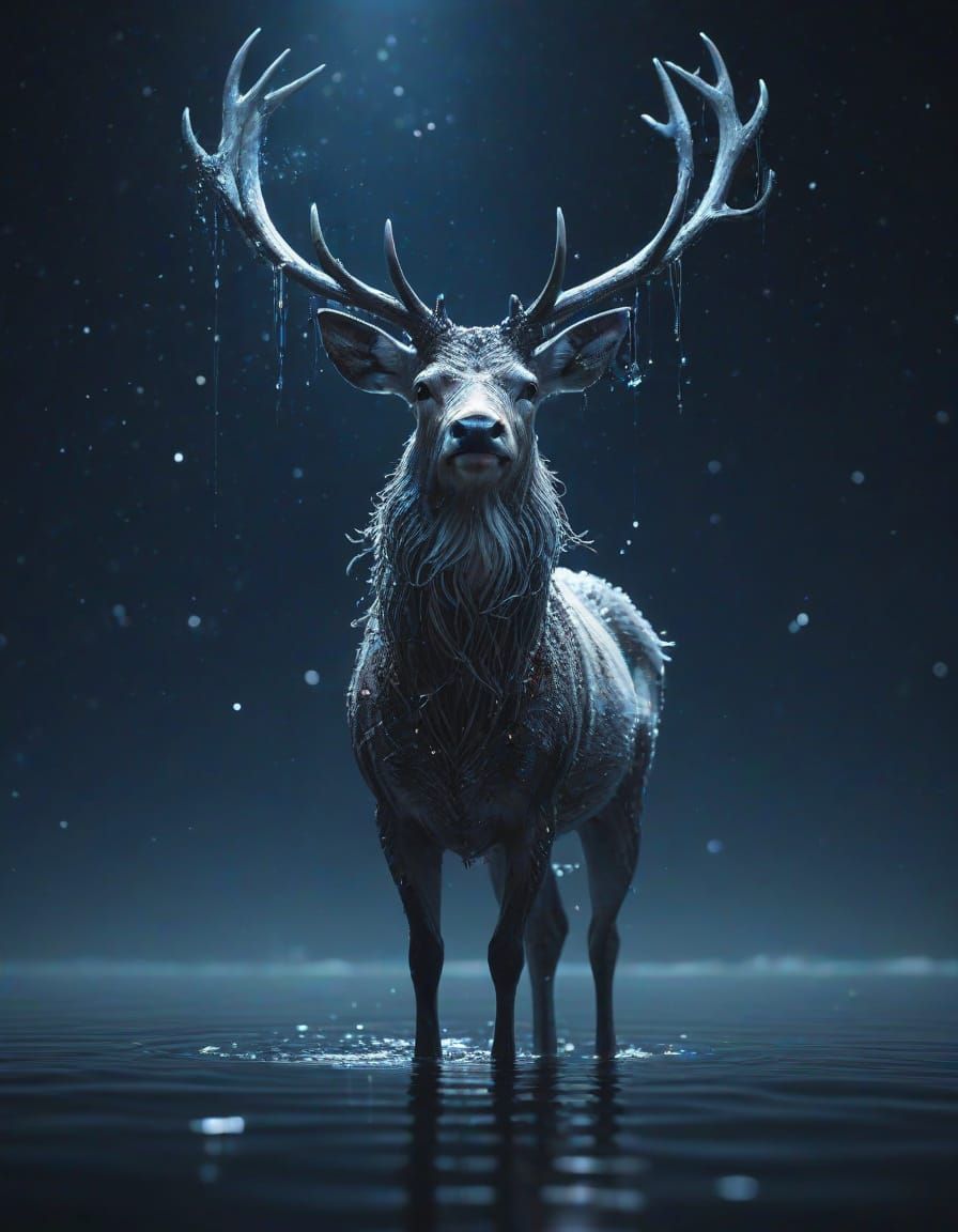Luminous Stag in Crystal Lake Under Starlight