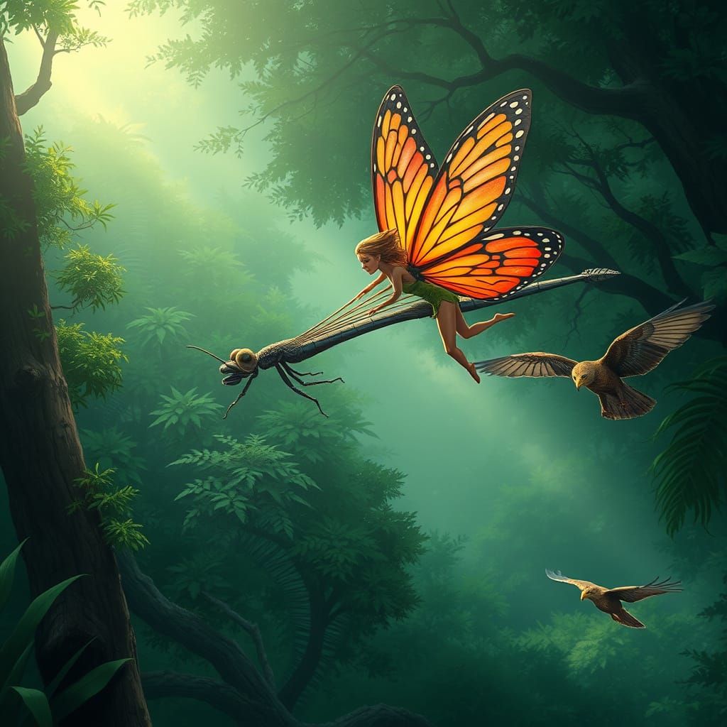 Enchanted Forest Fairy Flees Hawk on Majestic Dragonfly