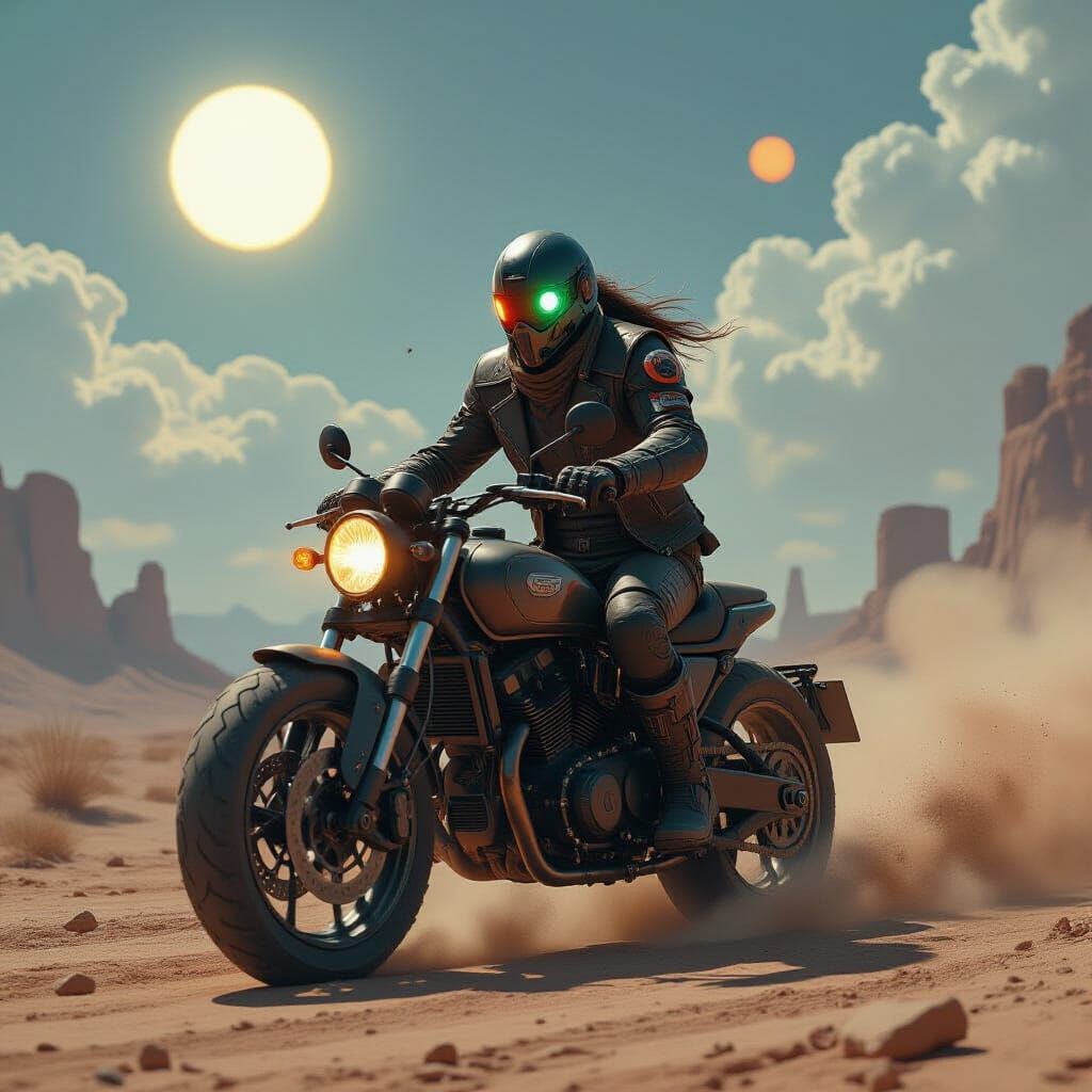 Cybernetic Biker in Post-Apocalyptic Wasteland
