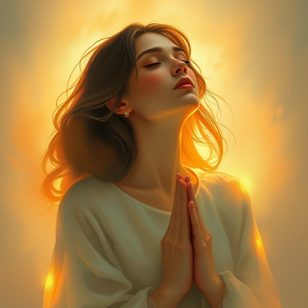 Contemplative Woman in Prayer with Ethereal Lighting
