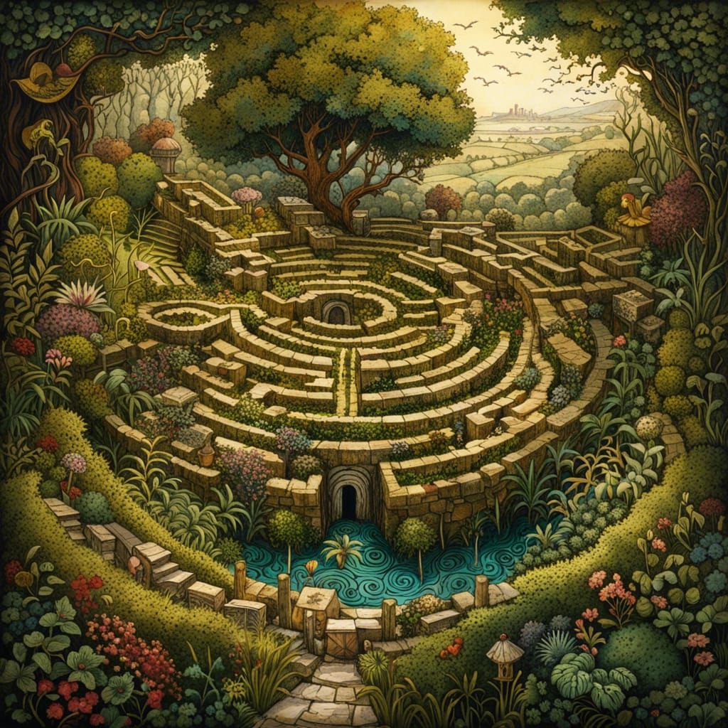 Miniature Labyrinth Landscape Emerging from Papyrus