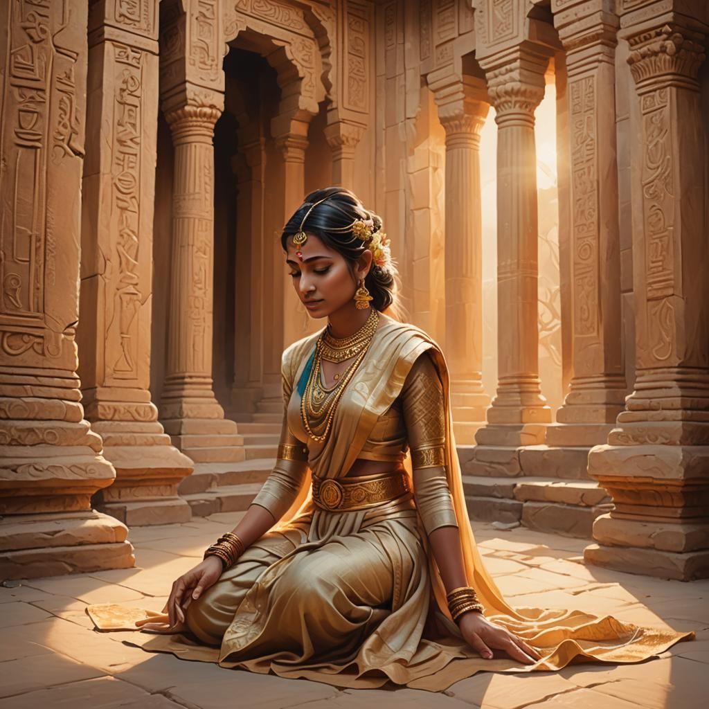 Hindu Goddess Kneeling in Temple at Sunrise