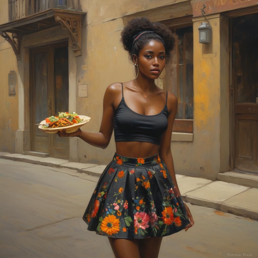 Woman Eating Tacos: Expressive Oil Painting