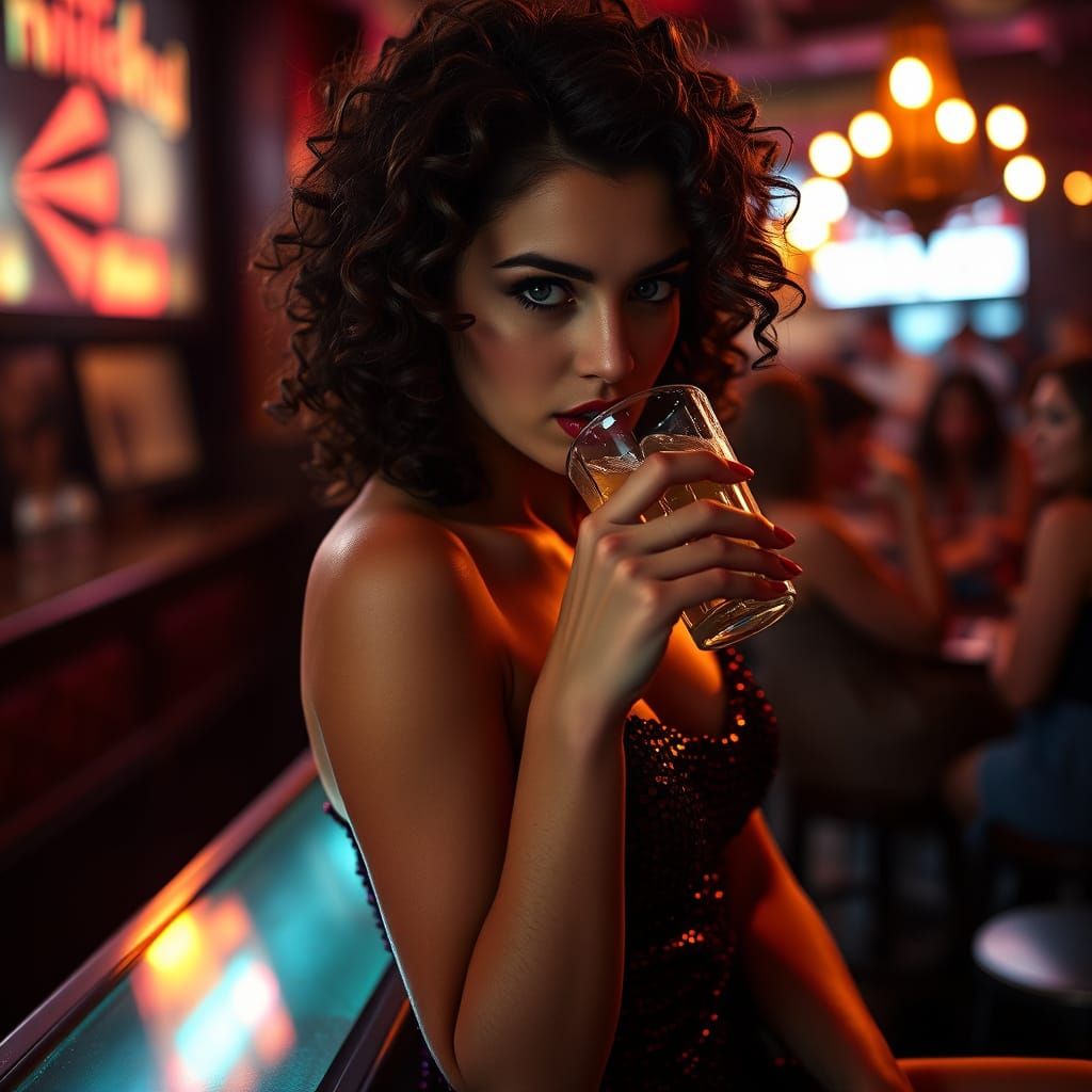 Sultry Woman in Dimly Lit New York Bar