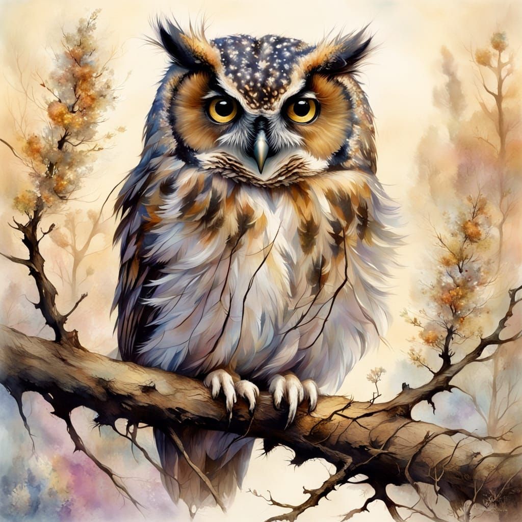 Fluffy Owl & Mouse in Soft Impressionist Painting