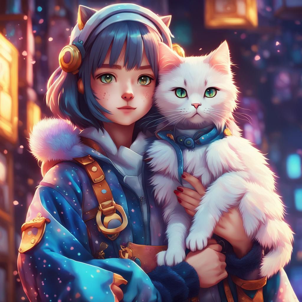 Anime Girl Holding Cat in 3D Art Style
