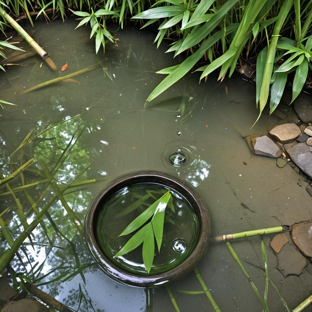 Reflective Bamboo Basin with Water Droplet