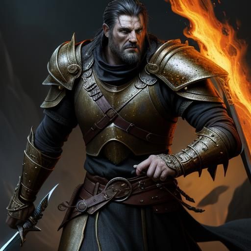 Beowulf in Fire-lit Cave: Dark Fantasy Illustration