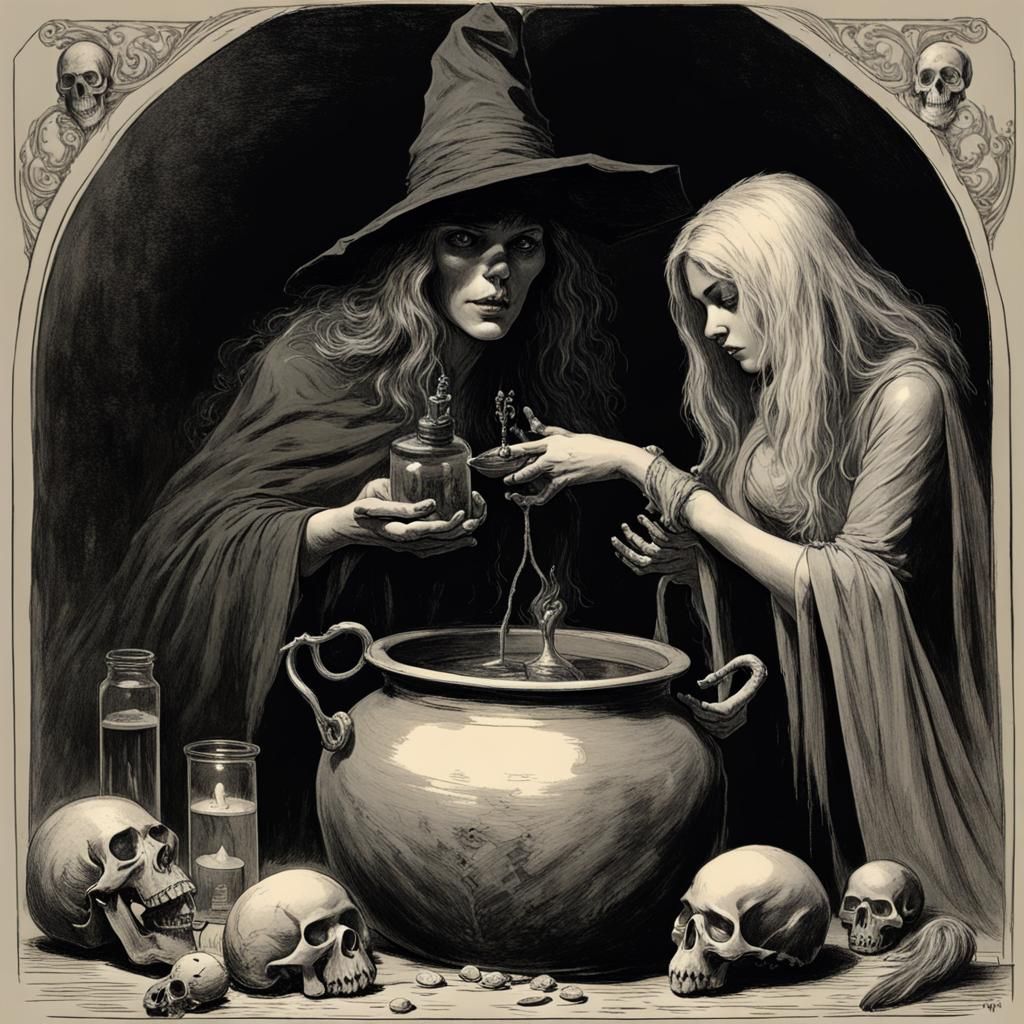 Sinister Witch Potion with Black Cat, Dark Fantasy