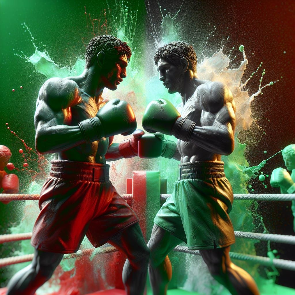 Hyperrealistic Boxing Match in Red, Green, and White