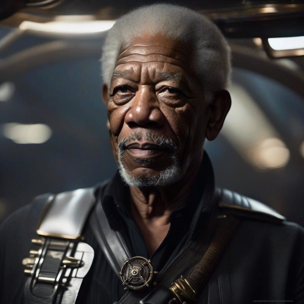Portrait of morgan freeman
 as Space Pirate Captain Harlock from disney movie "Pirates of the space". Intricate _details...